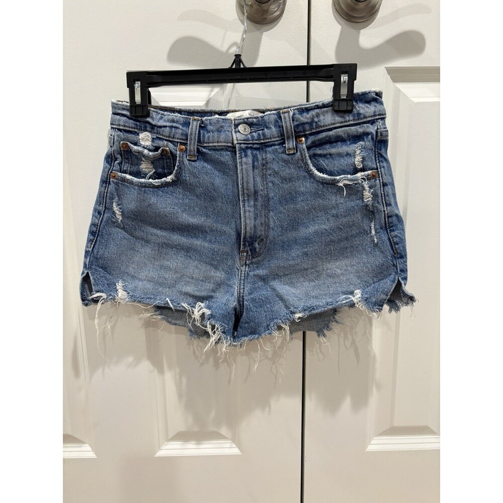Abercrombie & Fitch Women's Mom Shorts Blue, High Rise, Distressed Denim Sz 28/6